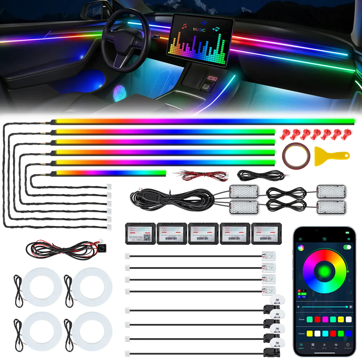 Dreamcolor Acrylic Interior Car LED Strip Light with Wireless APP, RGB 22 in 1 with 175 inches 593 LEDs Fiber Optic Ambient Lighting Kits, 16 Million Colors Sound Active Function Car Neon Lights image 0