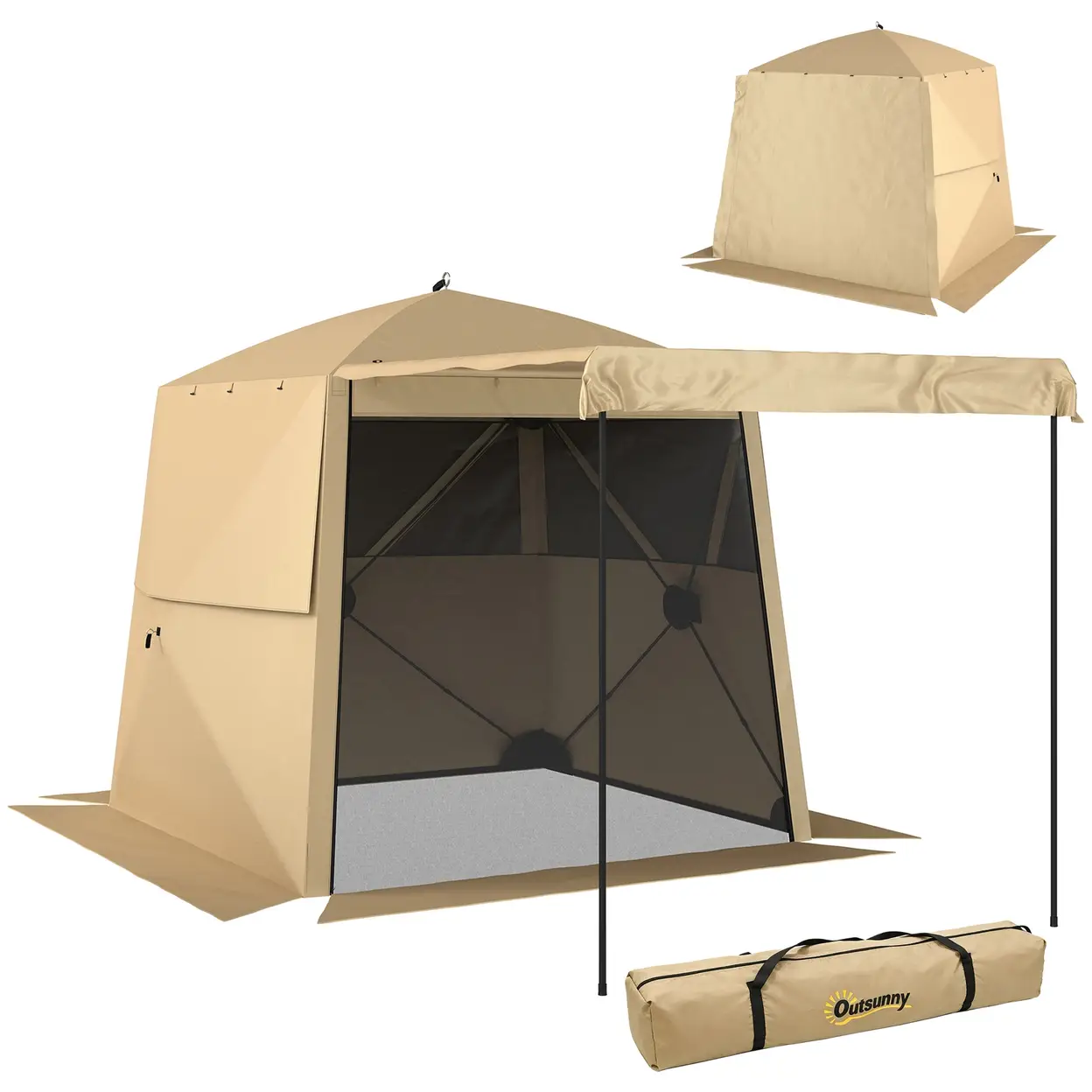 Outsunny 2 x 2 m Pop Up Gazebo with Awning, Waterproof Instant Shelter for Garden BBQ, Fishing, Camping, Easy Setup Garden Gazebo with Sides, Mesh Windows & Carry Bag, Khaki image 0