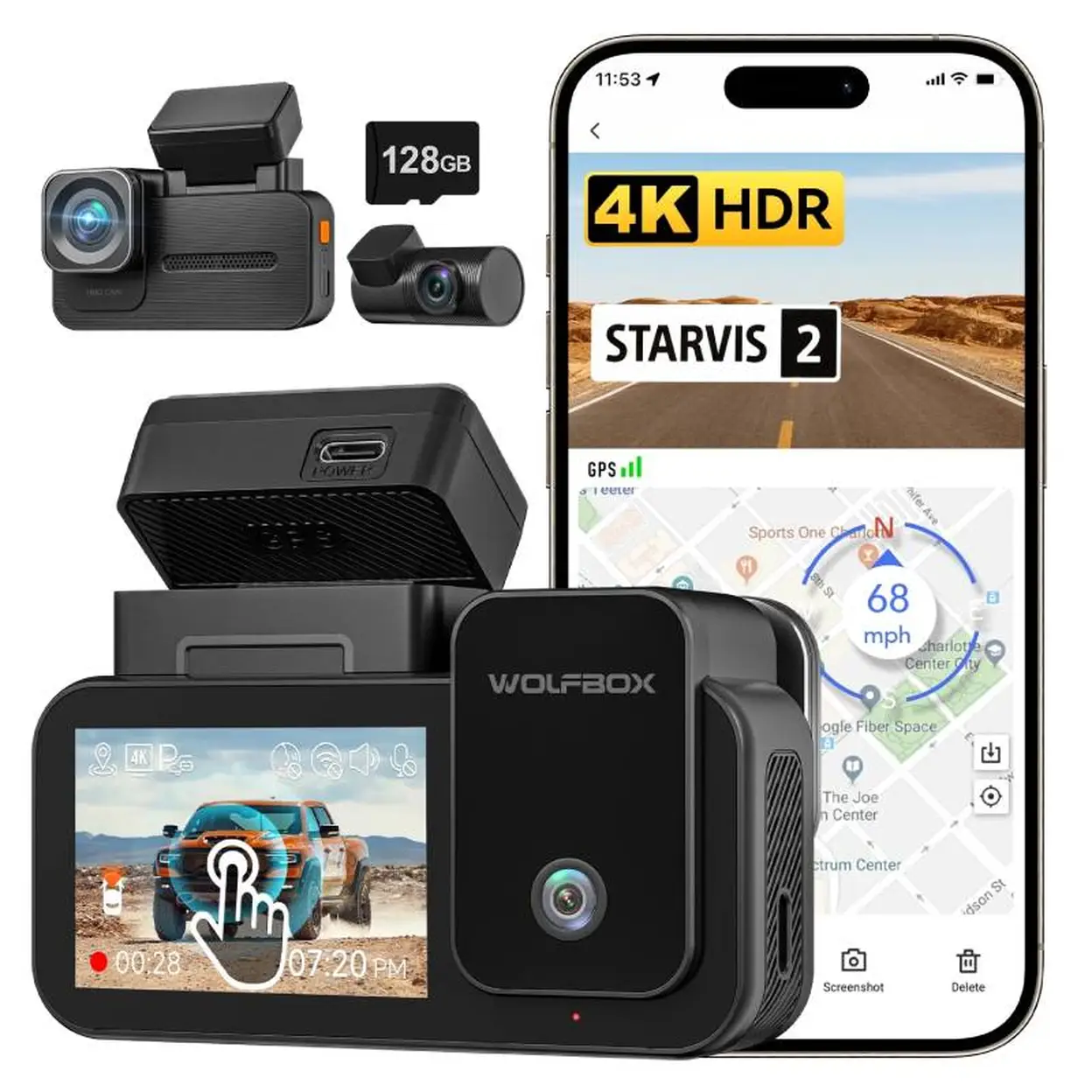 WOLFBOX Caméra embarquée 3 canaux pour voiture, caméra avant 4K + caméra intérieure 1080P + caméra arrière 2,5K, Wi-Fi 5,8 GHz et GPS, écran tactile, commande vocale image 0