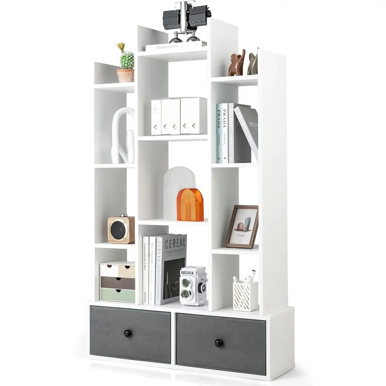 COSTWAY 12-Tier Wooden Bookshelf with Folding Drawer for Study Living Room, White image 0