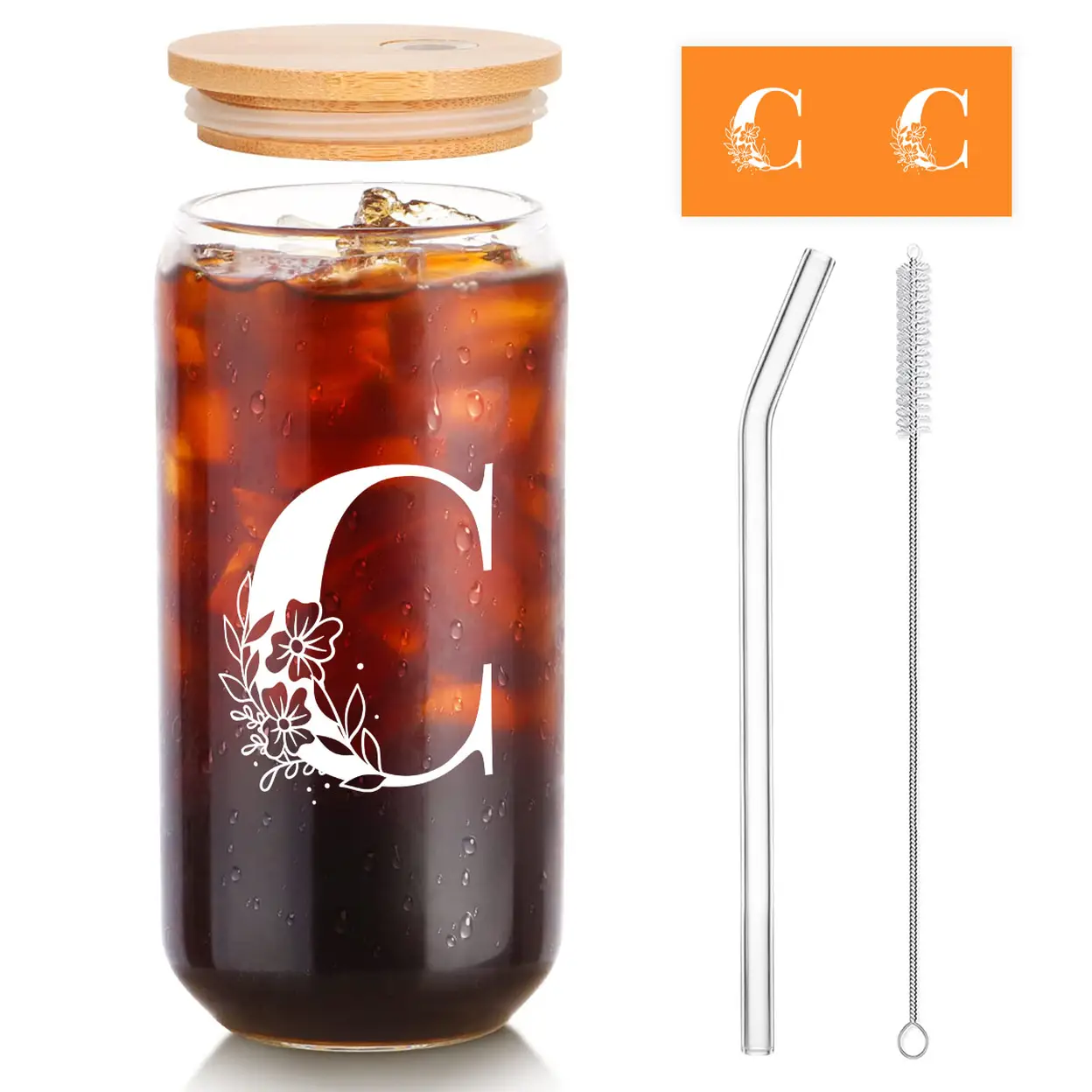 Alphynix 1pc Modern Glass Cup, 500ml Tall Iced Coffee Glass with Monogram "C" Design, Bamboo Lid & Straw, Cold Drink Tumbler for Iced Tea, Juice, Boba image 0