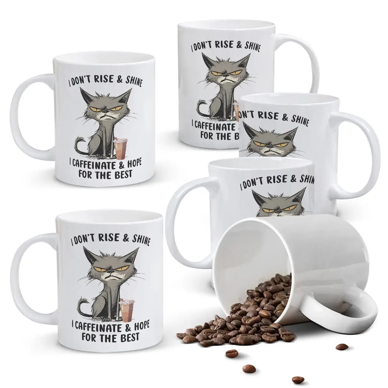 Alphynix 1 Mug blanc 33cl avec citation "Je ne me lève pas et brille, je caféine" & Grumpy Cat, cadeau de Noël ou Thanksgiving humoristique pour amateurs de café,Le cadeau de la saint-valentin, cadeau d’anniversaire image 0