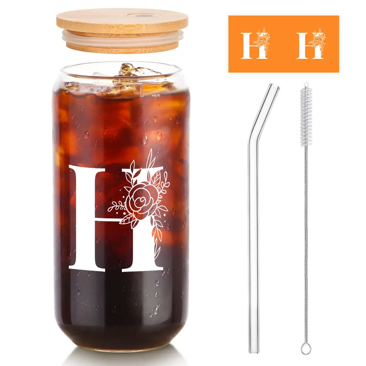 Alphynix 1pc Modern Glass Cup, 500ml Tall Iced Coffee Glass with Monogram "H" Design, Bamboo Lid & Straw, Cold Drink Tumbler for Iced Tea, Juice, Boba image 0