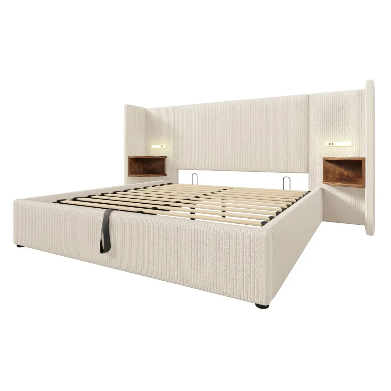 Lit rembourré double 160×200 avec table de chevet, lampe de lecture et fonction de charge USB Type-C. Beige-blanc, tissu en v image 0