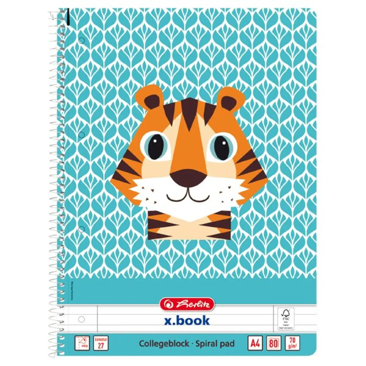 herlitz Tiger A4-Spiralnotizbuch, niedliche Tiere, Lineatur 27, 80 linierte Blätter image 0