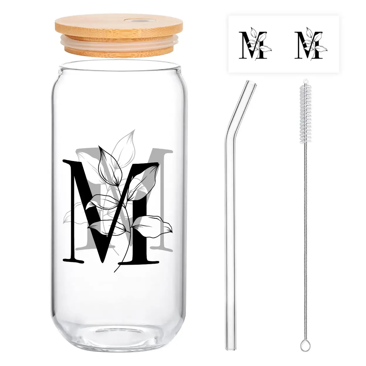 Alphynix 1pc Modern Glass Cup, 500ml Tall Iced Coffee Glass with Monogram "M" Design, Bamboo Lid & Straw, Cold Drink Tumbler for Iced Tea, Juice, Boba image 0