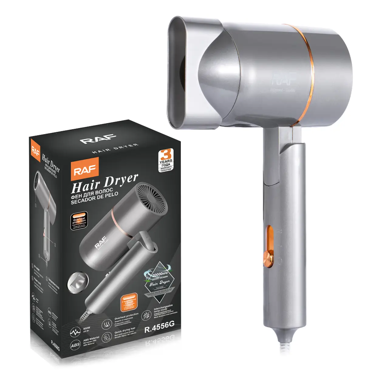 RAF Sèche-cheveux pliable professionnel portable 800 W, protection contre la surchauffe, format compact de voyage, pour femme, usage domestique, gris image 0