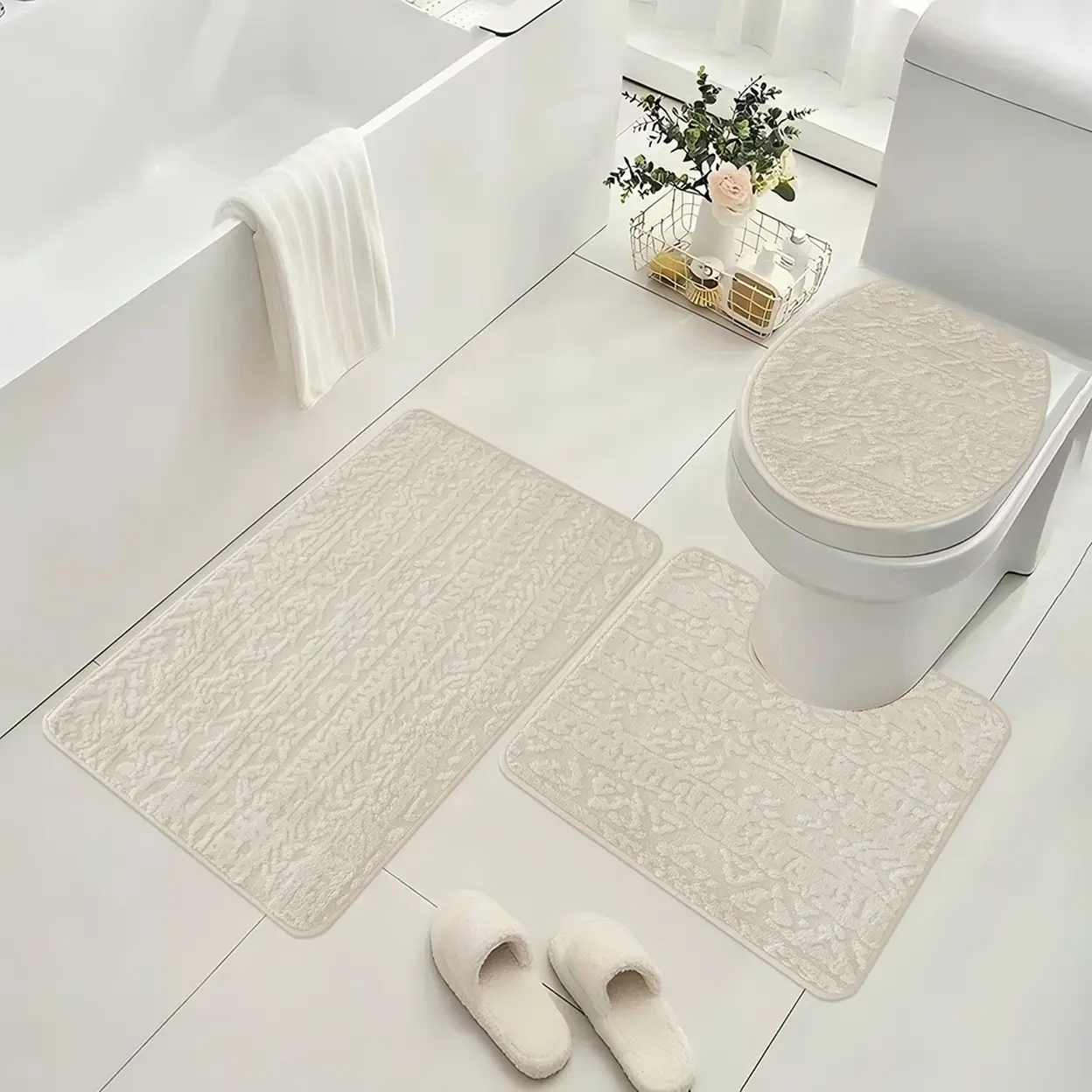 Bathroom Rugs Set 3 Piece, Plush Absorbent Bath Mats for Bathroom,
Non Slip Machine Washable Bath Mat Set with 38*44cmToilet Cover, 50*40cm U-Shaped Contour Toilet Rug,50*80cmBathroom Rugs,beige image 0