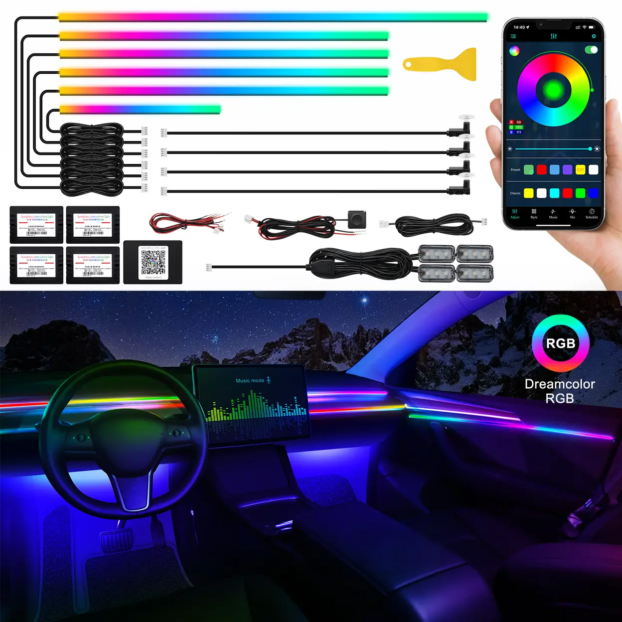 Dream+color Kit d'éclairage 593 LED pour intérieur de voiture avec application sans fil, 14-en-1 - 444,5 cm image 0