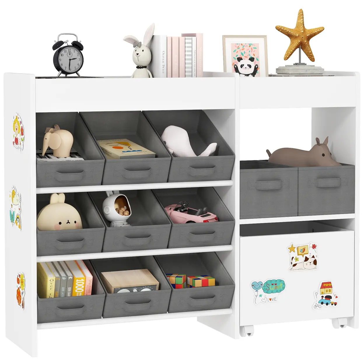 AIYAPLAY Kids Toy Storage Unit, Children Toy Box Organiser with 11 Fabric Bins, Cabinet, Top Shelves, 3 Stickers, Kids Storage Unit Bookshelf for Nursery, Playroom, Kindergarten, White image 0
