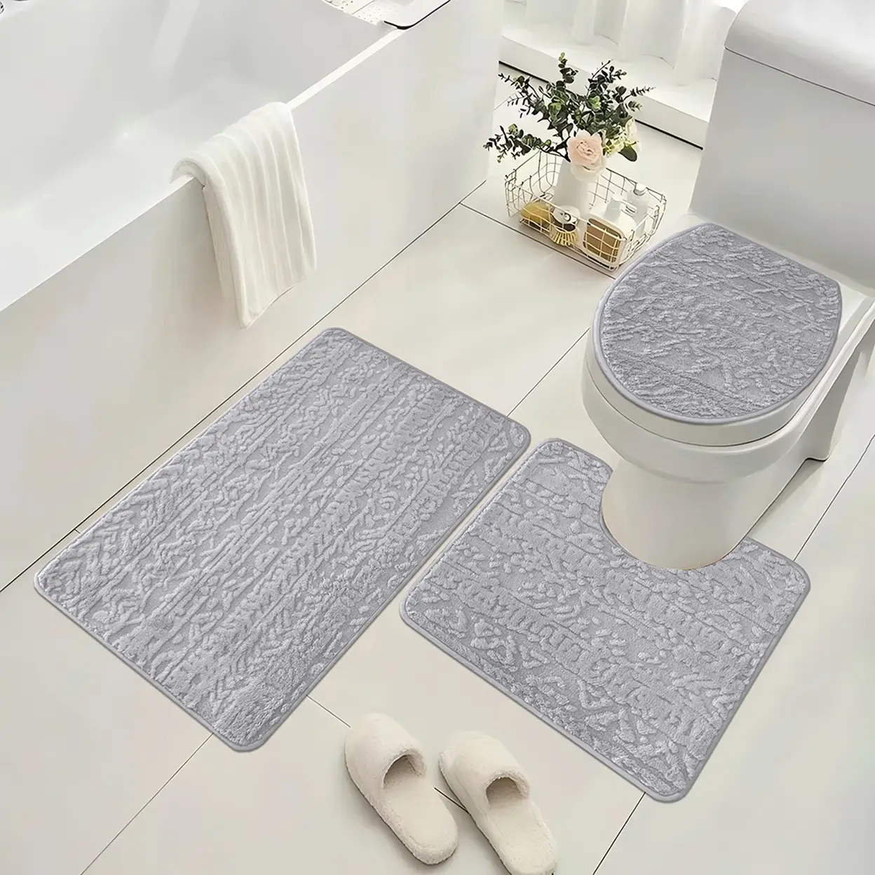 Bathroom Rugs Set 3 Piece, Plush Absorbent Bath Mats for Bathroom,
Non Slip Machine Washable Bath Mat Set with 38*44cmToilet Cover, 50*40cm U-Shaped Contour Toilet Rug,50*80cmBathroom Rugs,grey image 0