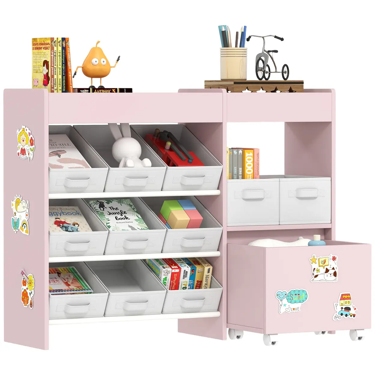 AIYAPLAY Kids Toy Storage Unit, Children Toy Box Organiser with 11 Fabric Bins, Cabinet, Top Shelves, 3 Stickers, Kids Storage Unit Bookshelf for Nursery, Playroom, Kindergarten, Pink image 0