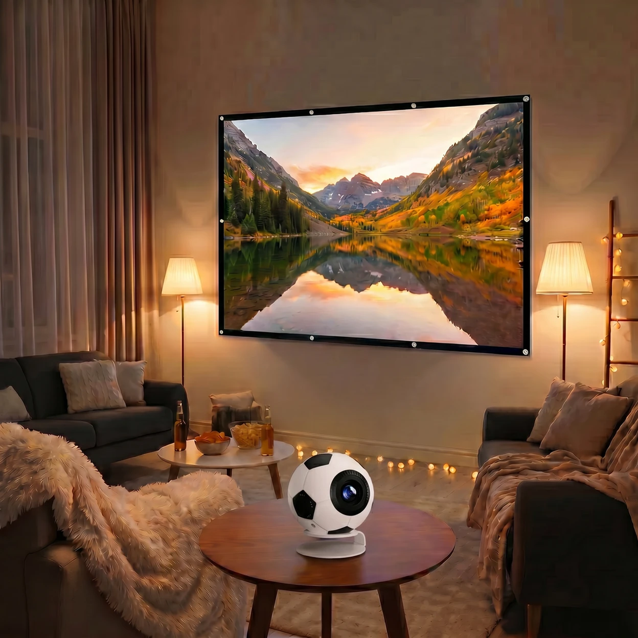 Pack de divertissement pour grand écran - XBJ mini projecteur en forme de ballon de football compatible 4K + écran de projection de 100 pouces image 0