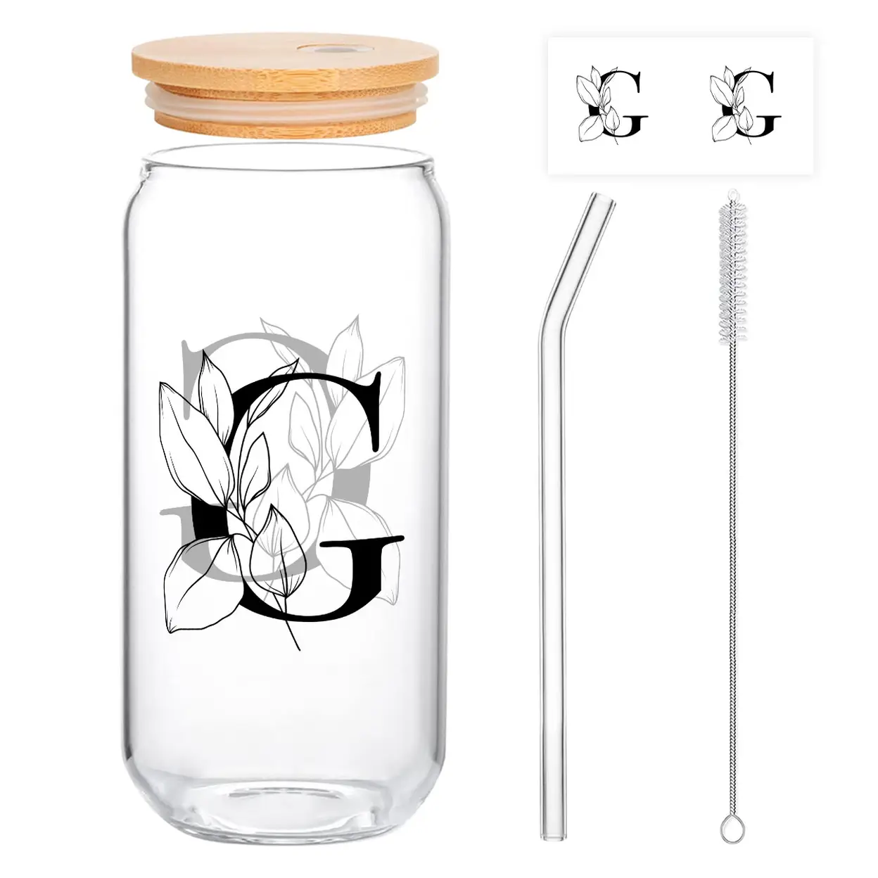 Alphynix 1pc Modern Glass Cup, 500ml Tall Iced Coffee Glass with Monogram "G" Design, Bamboo Lid & Straw, Cold Drink Tumbler for Iced Tea, Juice, Boba image 0