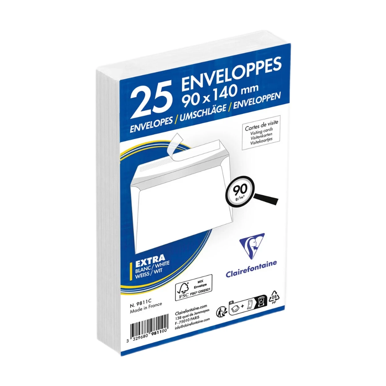CLAIREFONTAINE Clairefontaine 9811C - Paquet de 25 Enveloppes Blanches 90x140mm - Auto-Adhésives - 90g/m² image 0