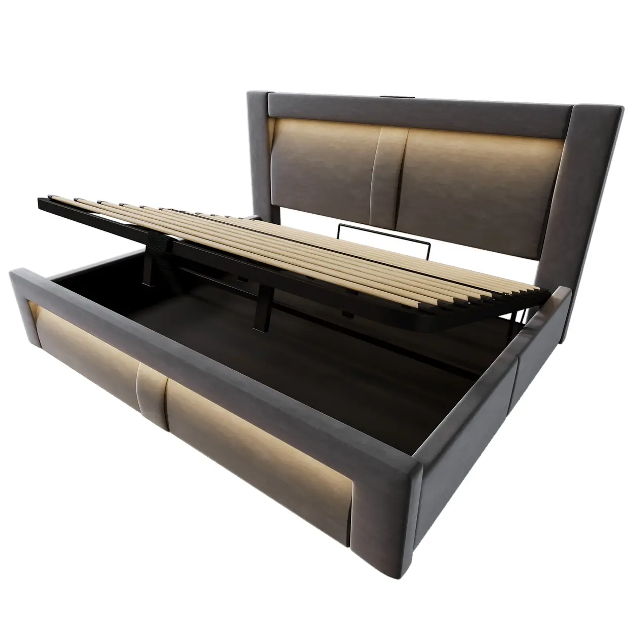 URBAN MEUBLE Lit coffre capitonné en velours 180 x 200 cm, Levage hydraulique, Éclairage LED, Ports USB et USB-C, Tête de lit incurvée, Gris, Format très grand lit image 0