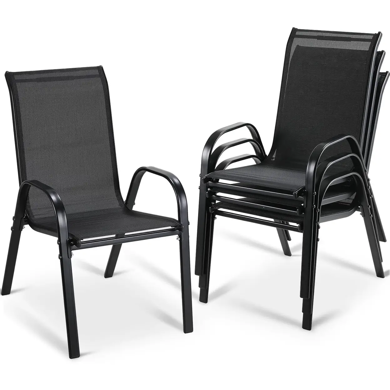 4pcs Gartenstühle Stapelstuhl Camping Hochlehner Terrassenstuhl Textilene Stahlgestell für Gärten Balkone Restaurants 150 kg Belastbar 54 x 69 x 93cm Schwarz Schwarz image 0