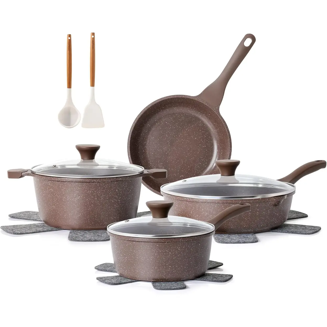 SENSARTE Ensemble de batterie de cuisine antiadhésive 13 pièces, pour cuisiner sainement, revêtement granité, poignées froides au toucher, accessoires en silicone et protège-marmits, sans PFOA image 0