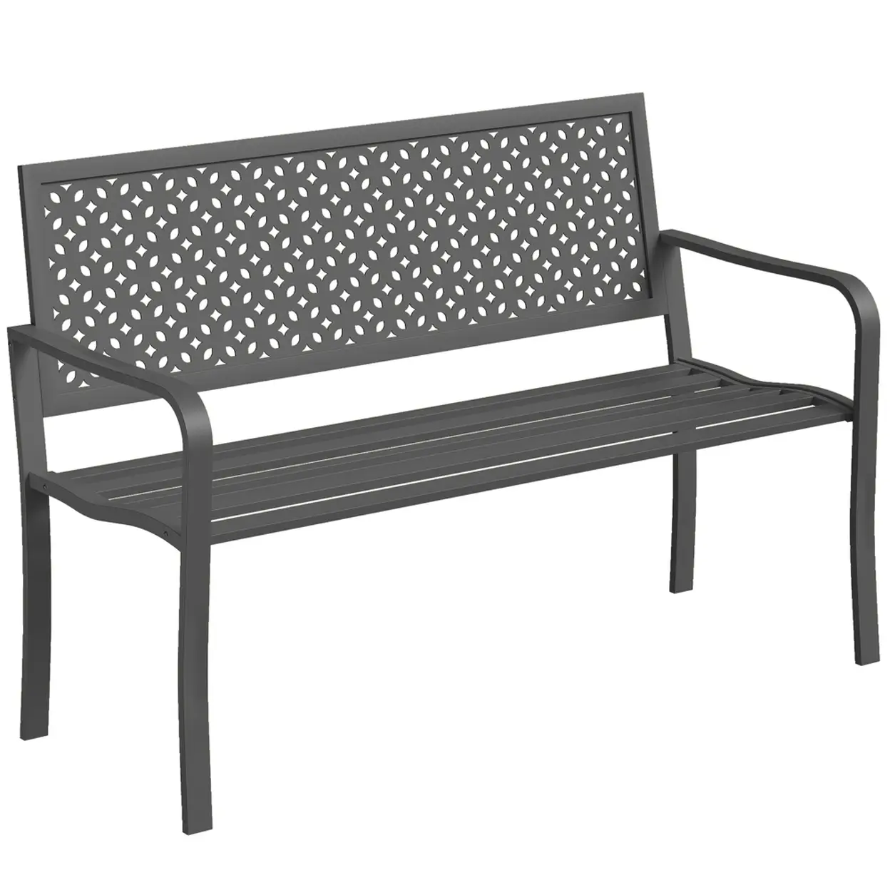 Banc d'extérieur en métal Outsunny, banc 2 places avec dossier géométrique antirouille et accoudoirs, siège de patio pour balcon, terrasse, parc, gris foncé image 0