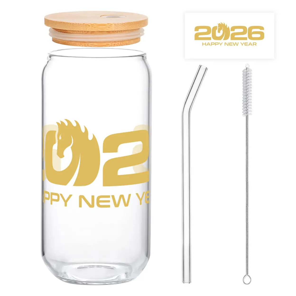 Alphynix 1pc Chinese New Year Glass, 500ml Iced Drink Tumbler with Zodiac Horse Pattern, Golden "HAPPY NEW YEAR" Message, Complete with Bamboo Lid for Cold Beverages image 0
