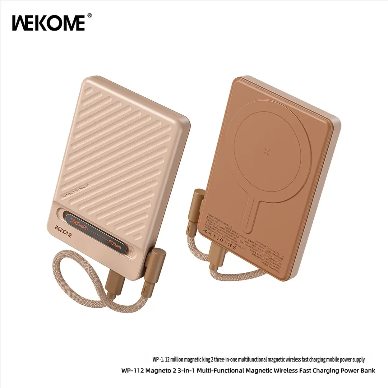 WEKOME WanCi Wang 2 Triple-Function Multi-Purpose Magnetic Wireless Fast Charging Power Bank5000mAh Fast Charging WP-112 Pink, Suitable for Apple, Huawei, Samsung, and Xiaomi Phones image 0