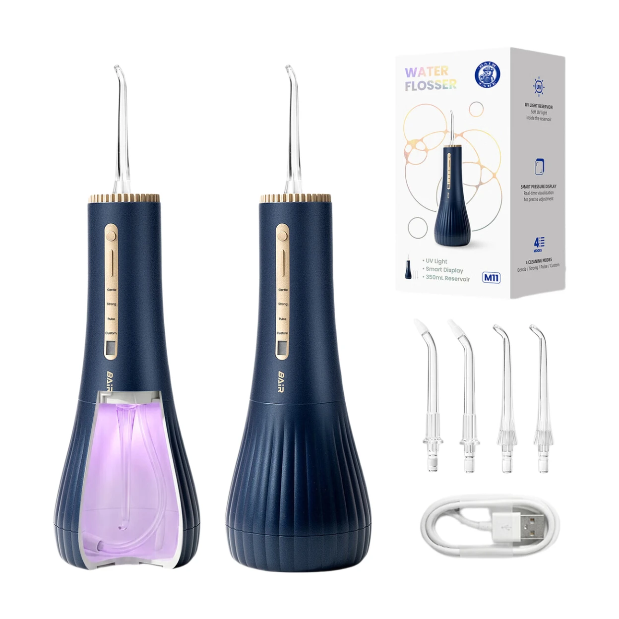 BAIR CARE M11 Waterflosser met UV-Sanitisatie (99.9% Bacteriële Verwijdering), 360 ml Extra Grote Tank, Opbergruimte voor Mondstukken, USB-C Oplaadbaar, 30 Dagen Batterijduur, 4 Reinigingsmodi, IPX8 Waterdicht voor Beugels & Reizen image 0