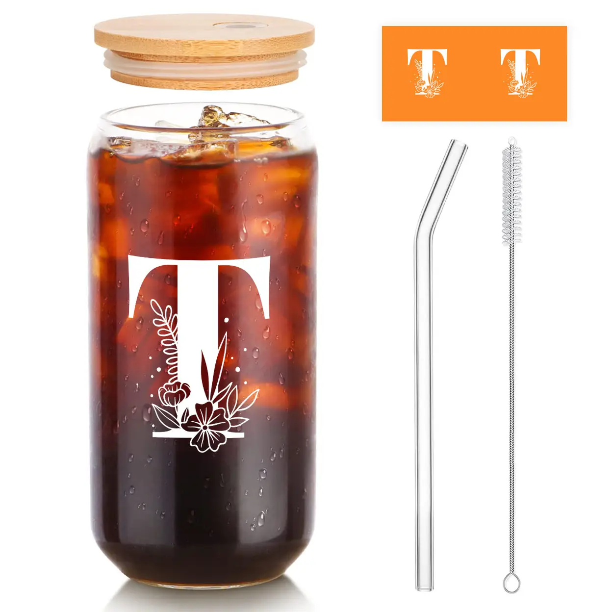 Alphynix 1pc Modern Glass Cup, 500ml Tall Iced Coffee Glass with Monogram "T" Design, Bamboo Lid & Straw, Cold Drink Tumbler for Iced Tea, Juice, Boba image 0