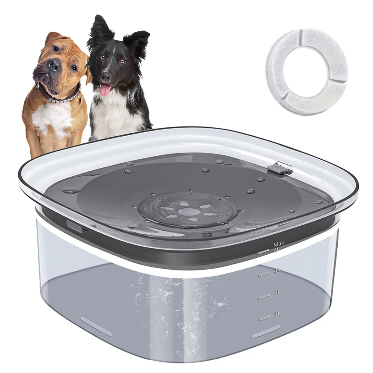Blinkit 0139 Pet Floating Water Bowl / Basic Dog Bowl, 4L Large Capacity, Slow Drinking Splash-Proof Design, Built-in Filter for Water Quality, Transparent Gray image 0