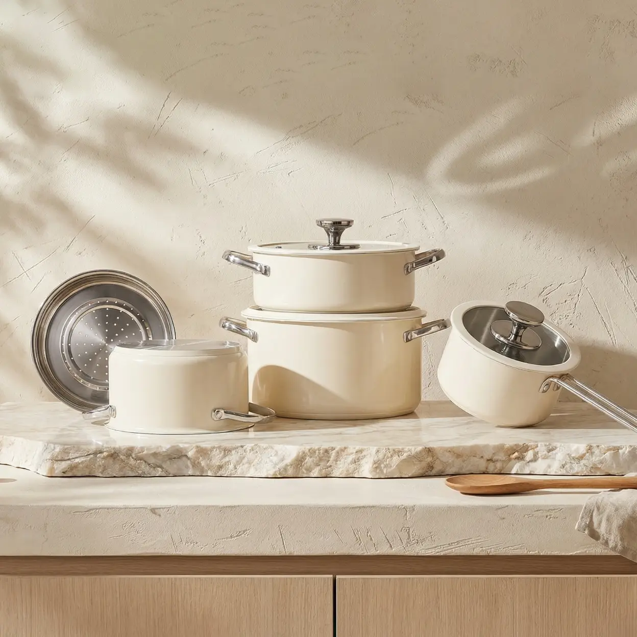 PURECOOK Colored Ceramic-Coated 304 Stainless Steel 4-Piece Cookware Set Series
16cm Milk Pot, 18cm Soup Pot with Steamer Insert , 22cm Hot Pot, 24cm Stock Pot - Beige Ceramic Coating, Multi-Ply Base, Heat-Conducting Silicone Glass Lid, 304 Stainless Steel image 0