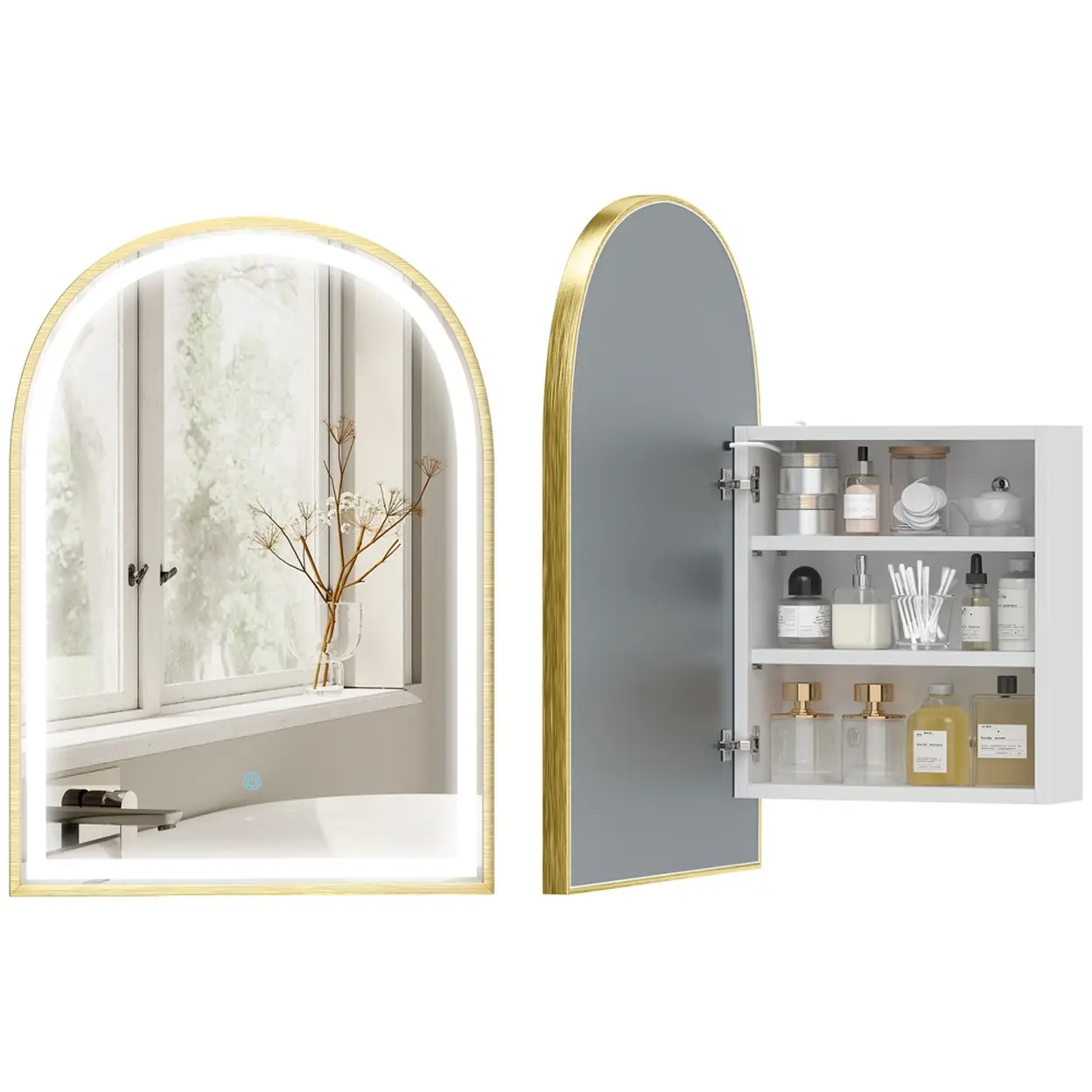 HOMCOM Armoire Murale Salle de Bain avec Miroir et Éclairage LED, 50x14,5x70cm, Meuble Salle de Bain à Porte Arquée Alliage d'Aluminium, Anti-Buée, 3 Températures de Lumière, Étagères Réglables, Doré image 0