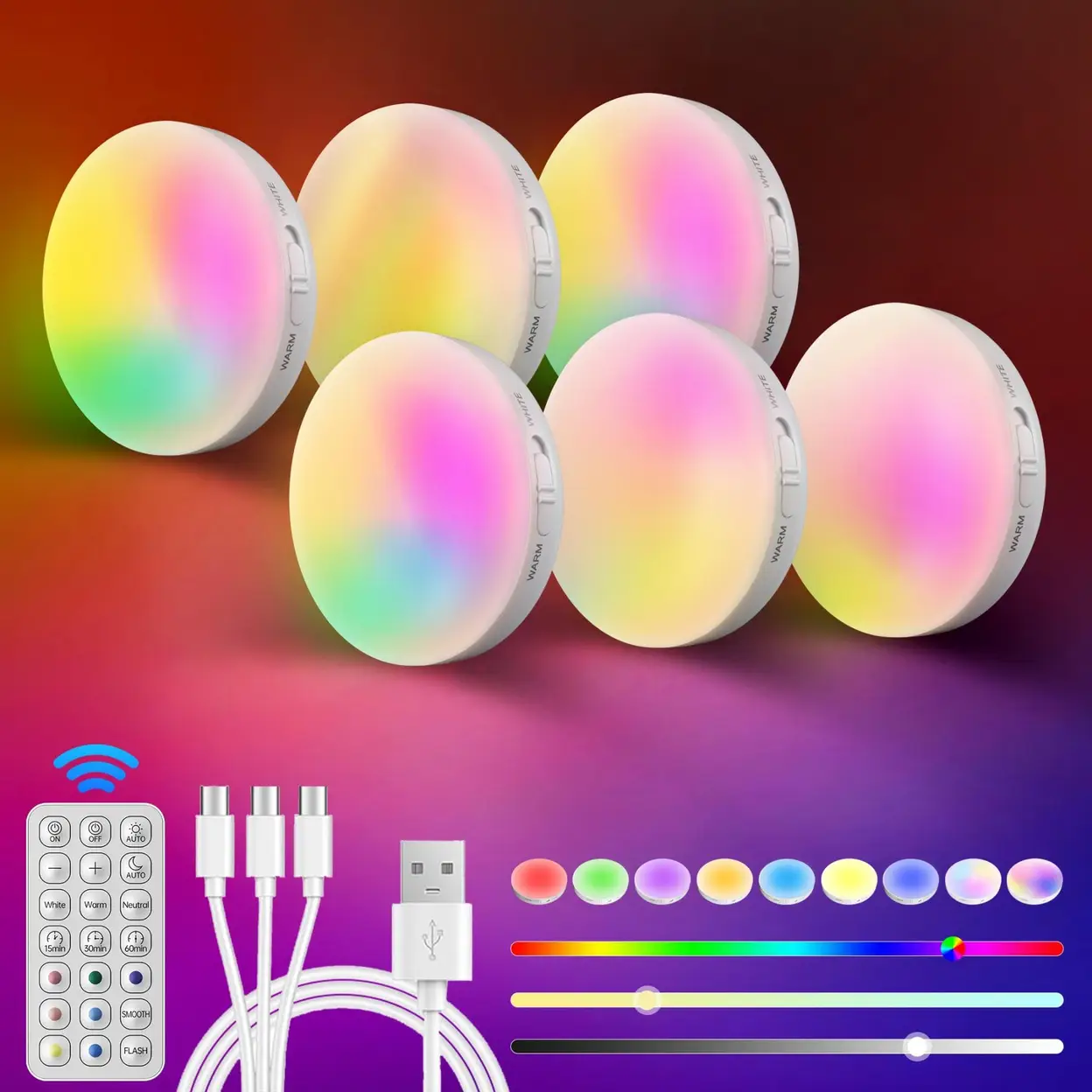 Homelist Lot de 6 spots LED RGB avec détecteur de mouvement, avec télécommande, lampe de chevet LED sans fil et rechargeable, pour murs, escaliers, cuisine, placards, sous meuble, armoires image 0