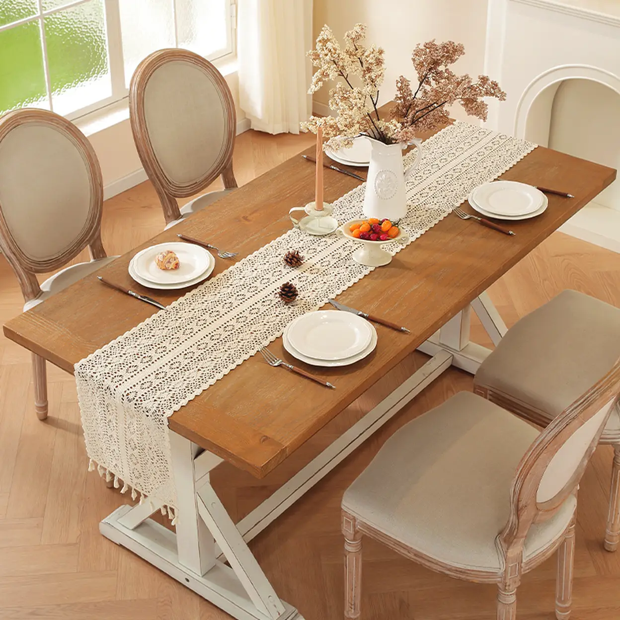 Chemin de Table et Sets de Table Bohème en Crochet 5pcs, Style Maison de Campagne Macramé Vintage pour Cuisine, Salle à Manger, Buffet ou Commode – Motif Losange Rayé 12x72 pouces*1 + 12.5x16.5 pouces*4 image 0