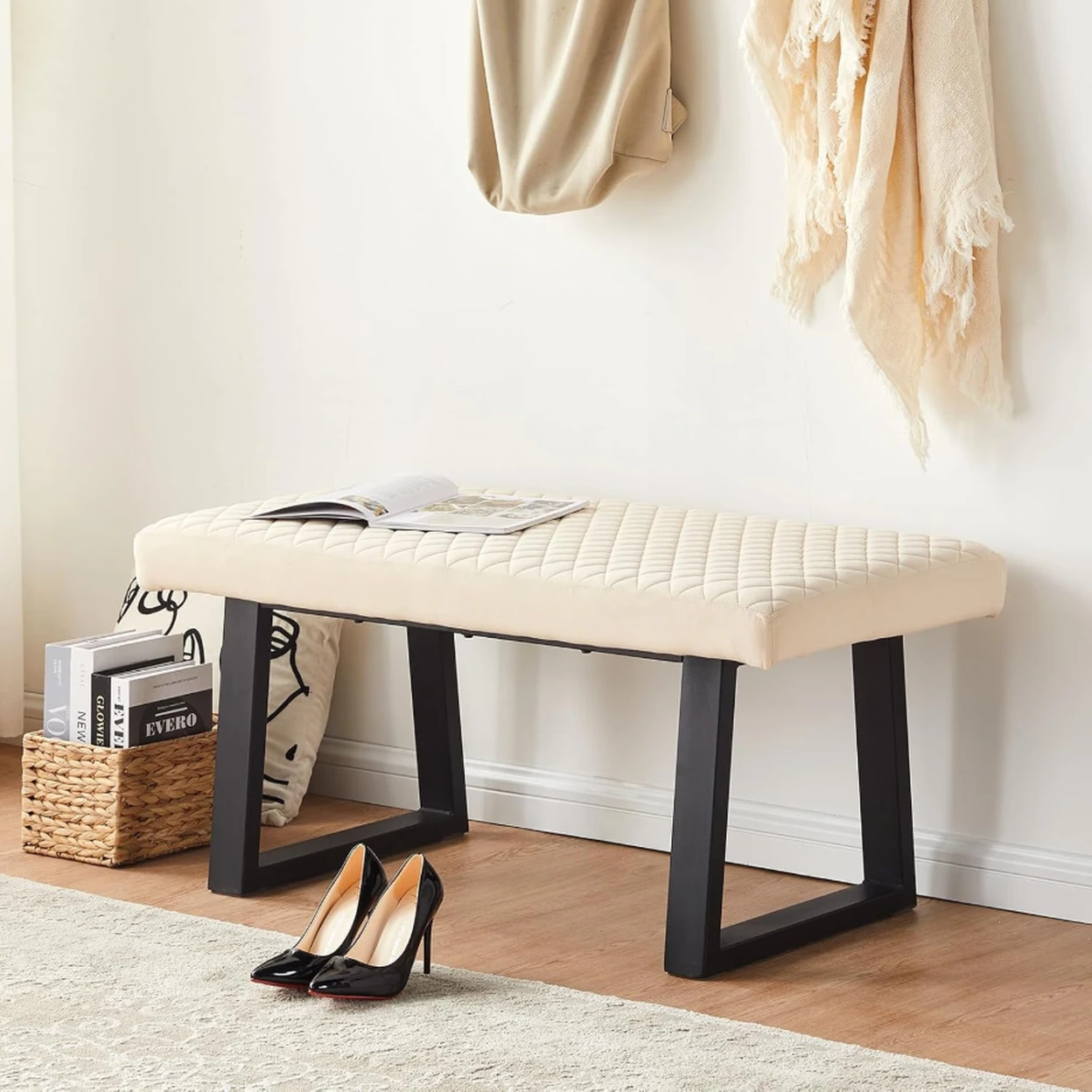 CLIPOP Upholstered Dining Bench, 100 cm Velvet Padded Seat, Ottoman Bench Hallway Bench with Sturdy Metal Legs, Dining Room Bench Seating for Entryway Living Room Bedroom Cream image 0