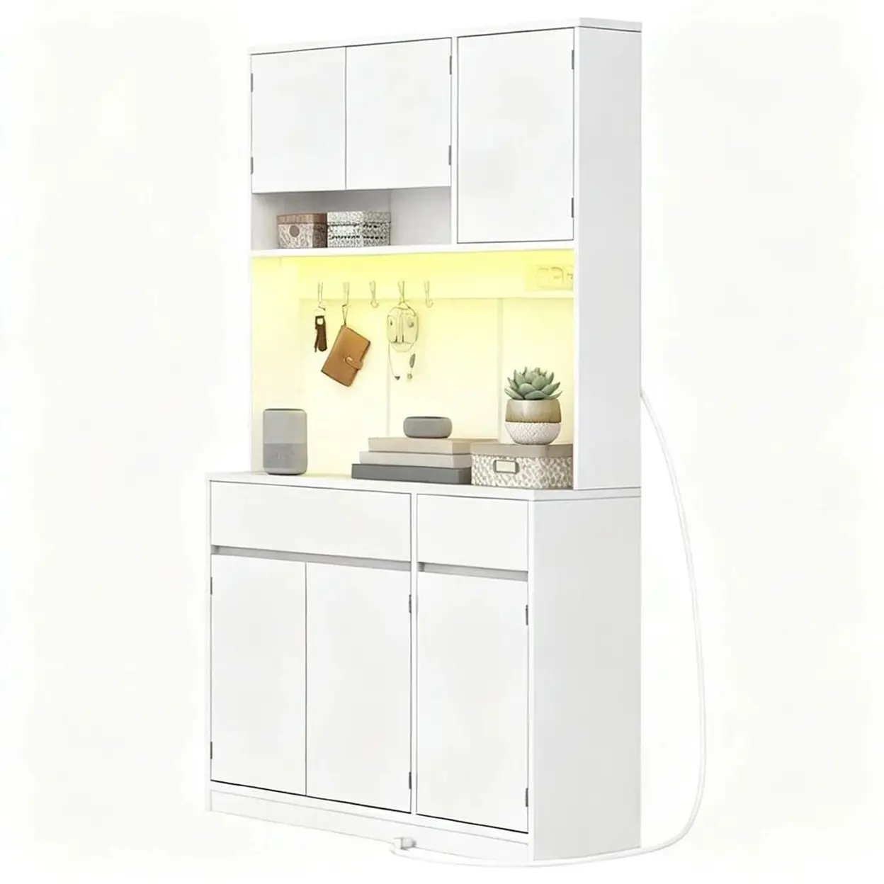 HaluPeit Meuble de cuisine, Buffet, Commode de cuisine avec prises et bandes lumineuses LED, avec plans de travail et 2 tiroirs, étagères réglables, cuisine, 40 x 100 x 180 cm, blanc image 0