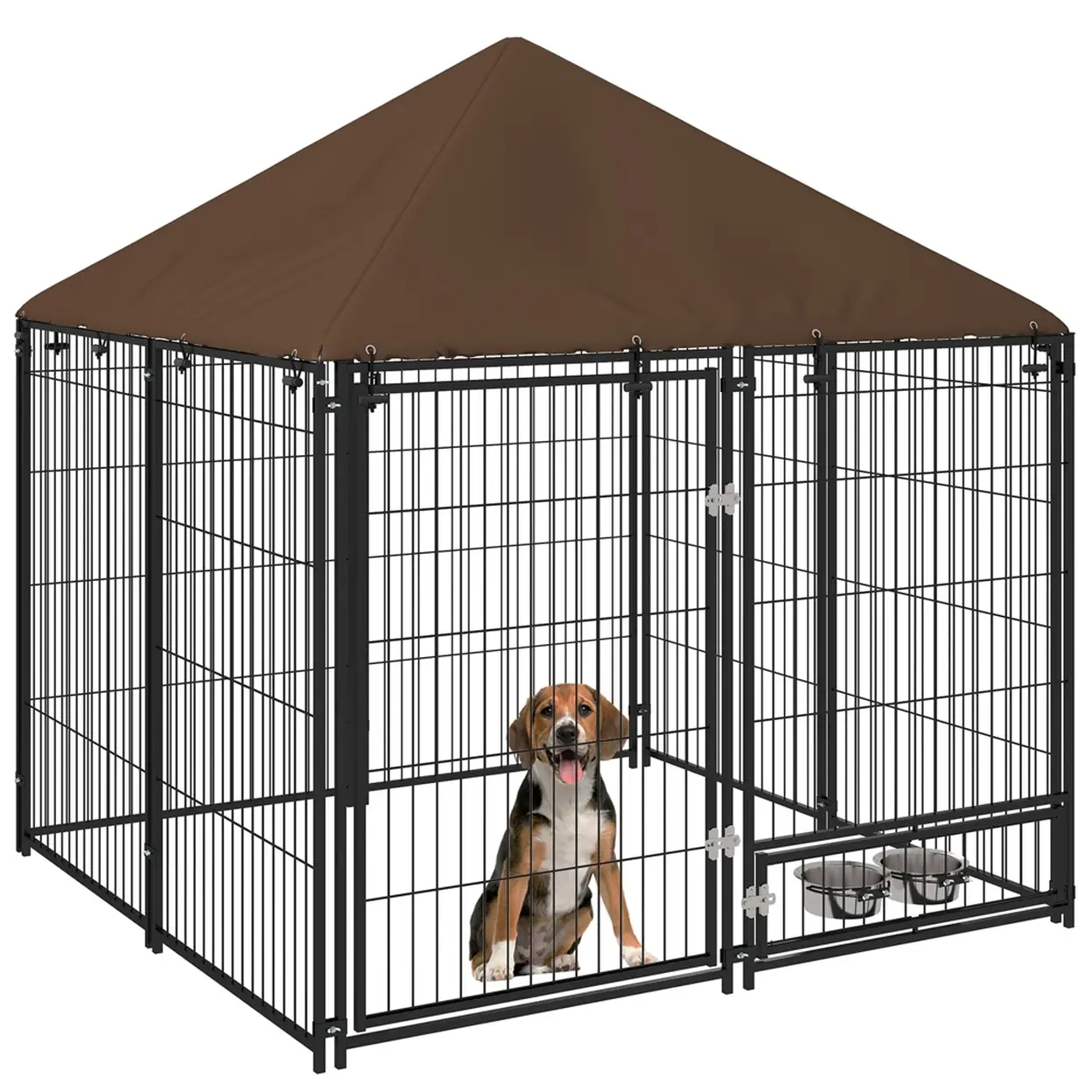 PawHut Chenil extérieur pour Chiens en métal et Tissu Oxford avec Support gamelle et Toit résistant aux intempéries Espace spacieux 141 x 141 x 151 cm Noir image 0