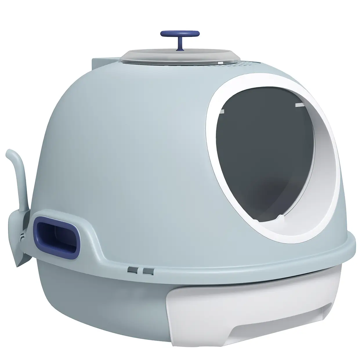 PawHut Cat Litter Box Toilet with Litter Scoop Enclosed Drawer, Front Entry Top Exit, Easy To Clean Blue image 0