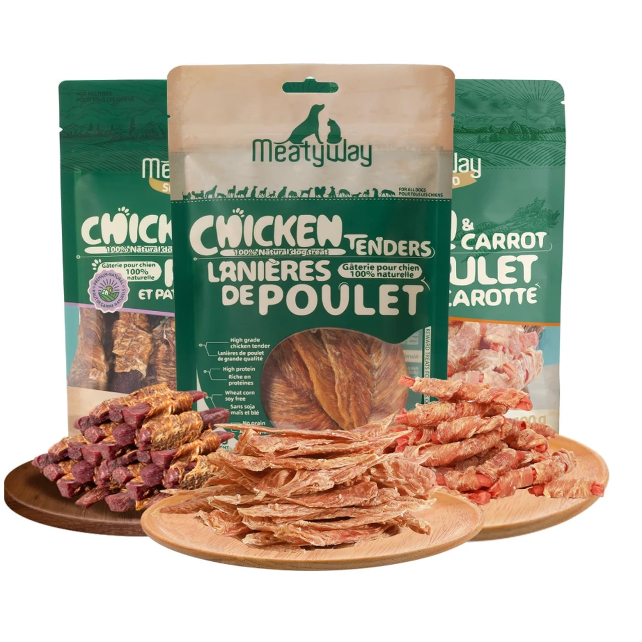 MeatyWay Friandises pour chiens emballées au poulet et aux légumes, riches en protéines, faibles en matières grasses, 100 % naturelles, filets de poulet, entraînement pour chiens sain et naturel aux carottes et patates douces, 300 g / 10,58 oz (lot de 3) image 0