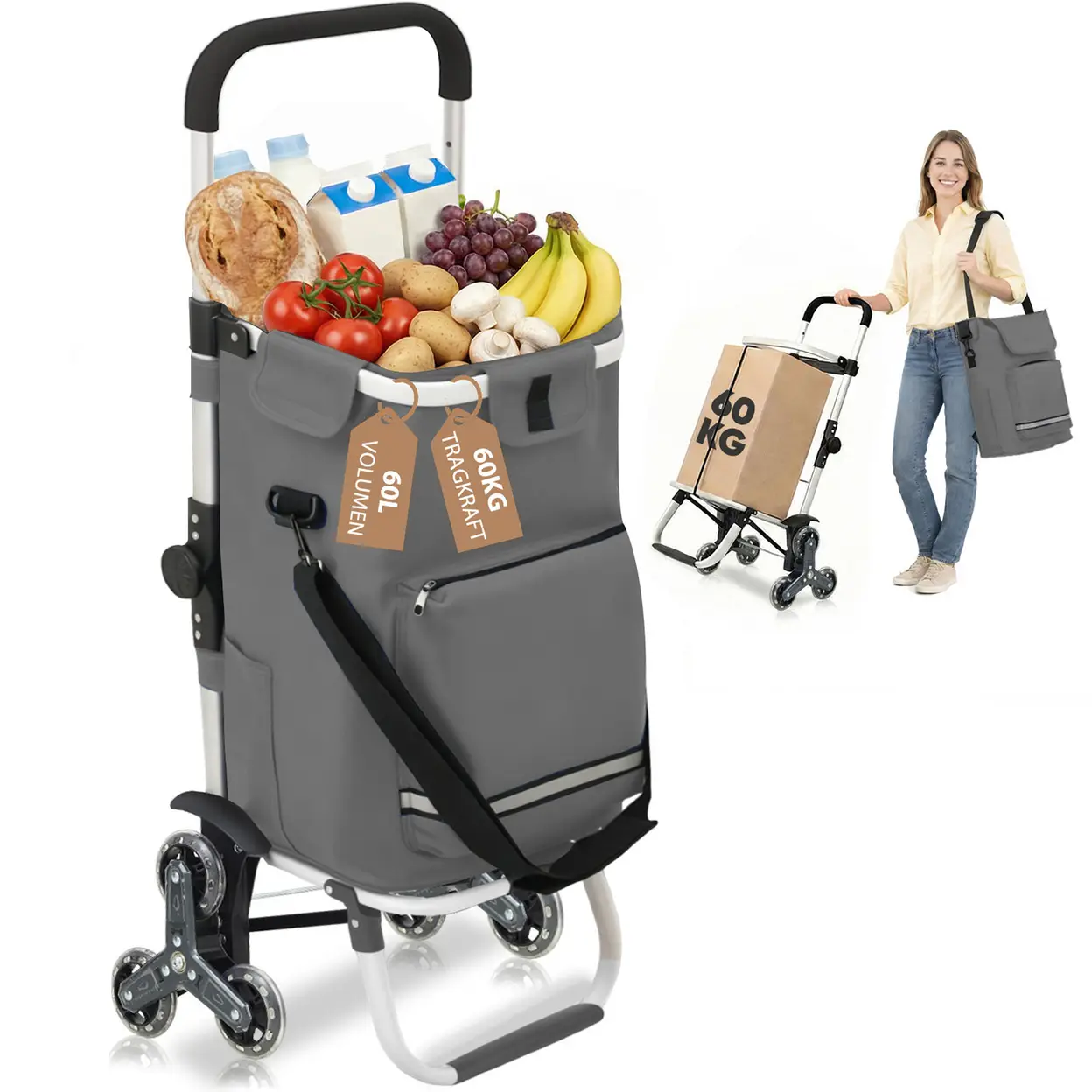 Chariot De Course 60L Avec Système à 3 Roues Pour Monter Les Escaliers, Chariot Pour Le Camping Et Les Courses Avec Poignée Réglable En Hauteur, Chariot 3-En-1 En Aluminium, Incluant Un Compartiment Réfrigéré Et Un Porte-Gobelet image 0