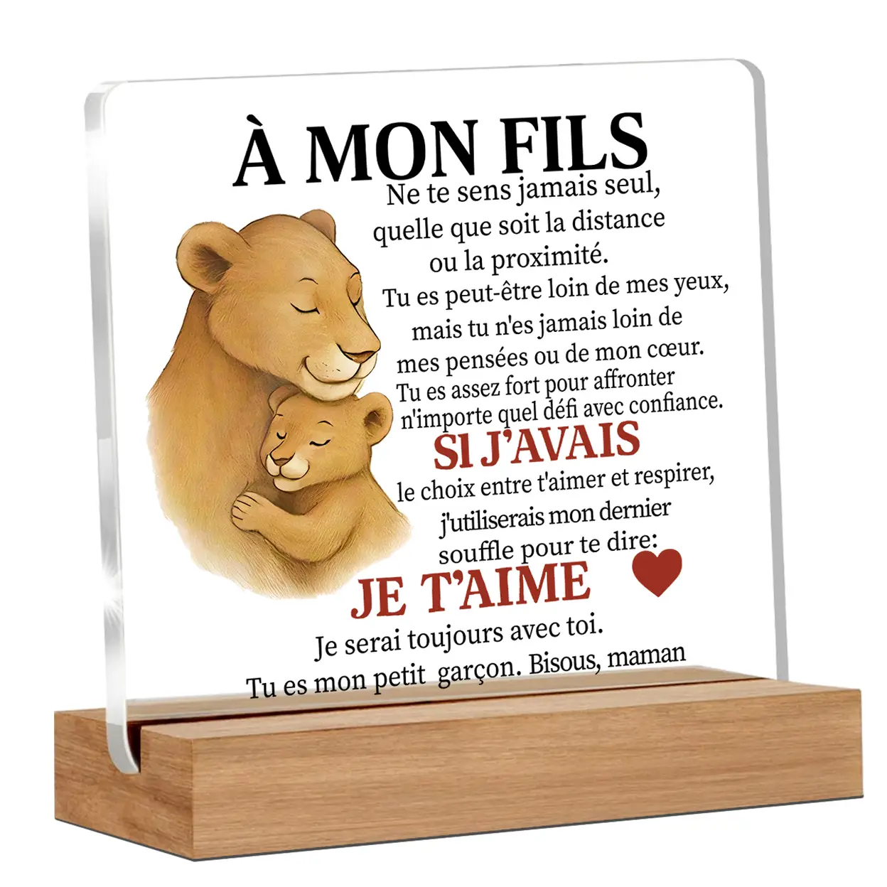 Alphynix 1 pc plaque mère-fils française, "MON FILS" cadeau en acrylique avec motif lionne et lionceau, présente des citations en lettres rouges "SI J'AVAIS...JE T'AIME" sur un socle en bois, souvenirs émotionnels de relations à distance image 0