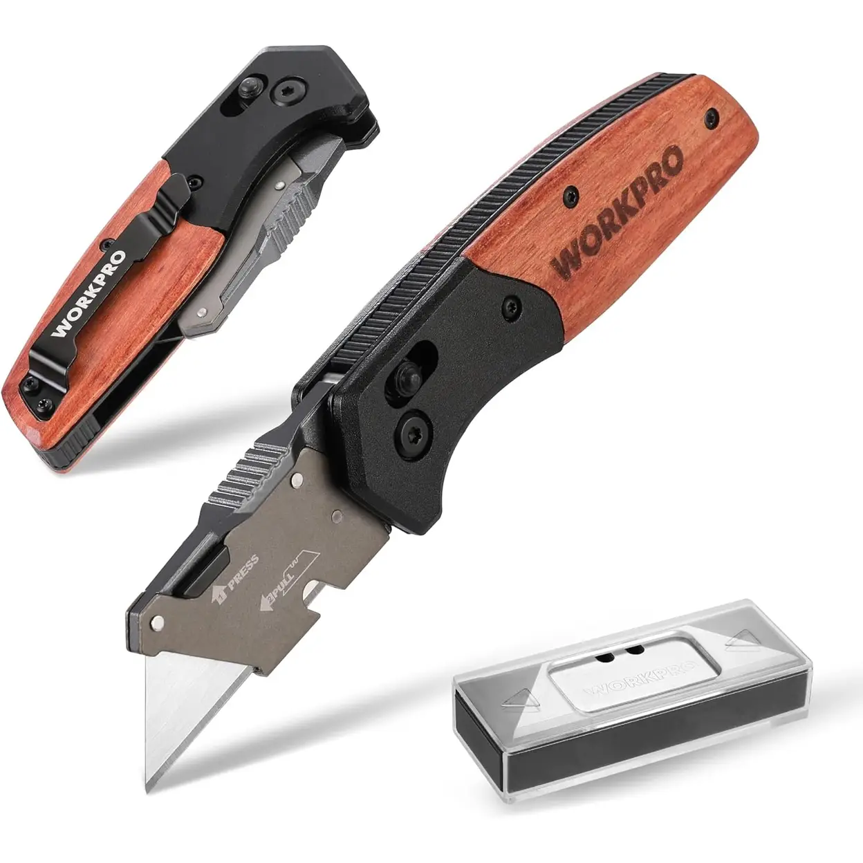 WORKPRO Folding Knife with Wooden Handle & Sliding Lock, Foldable Utility Knife Carpet Knife Quick Change Cutter Knife with Belt Clip, Includes 10 SK5 Replacement Blades image 0