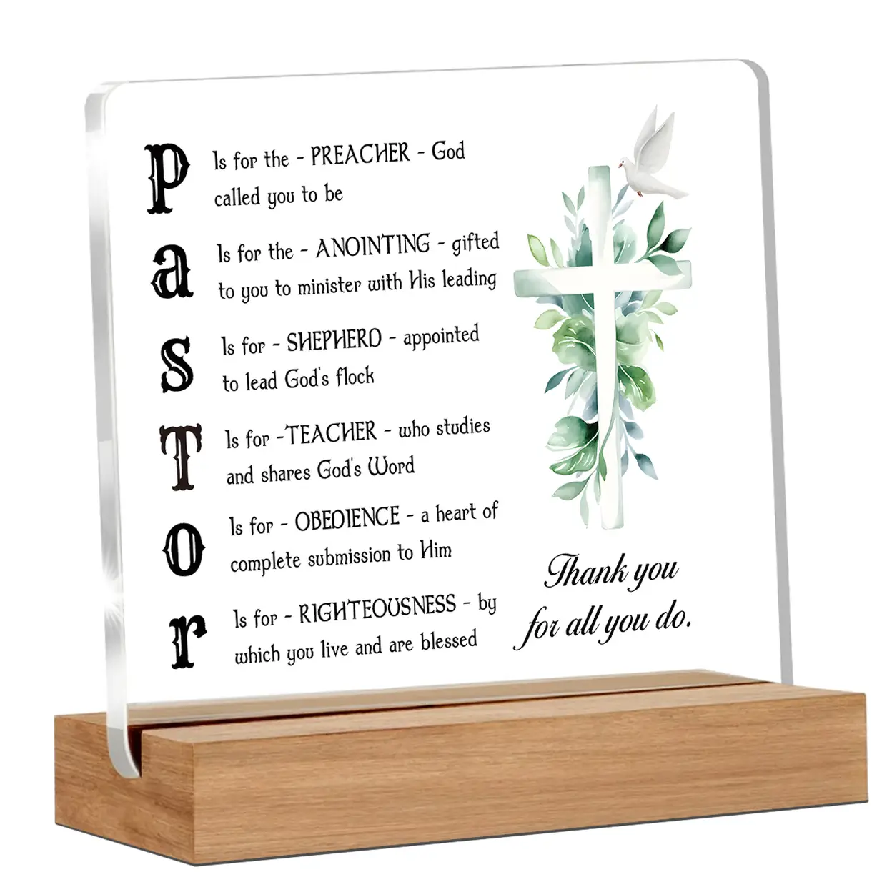 Alphynix Plaque de reconnaissance acronyme « PASTOR » en acrylique avec support en bois image 0