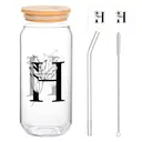 Alphynix 1pc Modern Glass Cup, 500ml Tall Iced Coffee Glass with Monogram "H" Design, Bamboo Lid & Straw, Cold Drink Tumbler for Iced Tea, Juice, Boba image 0