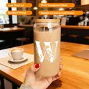 Alphynix 1pc Modern Glass Cup, 500ml Tall Iced Coffee Glass with Monogram "W" Design, Bamboo Lid & Straw, Cold Drink Tumbler for Iced Tea, Juice, Boba image 2
