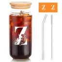 Alphynix 1pc Modern Glass Cup, 500ml Tall Iced Coffee Glass with Monogram "Z" Design, Bamboo Lid & Straw, Cold Drink Tumbler for Iced Tea, Juice, Boba image 0