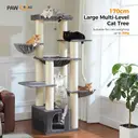 PAWZ Road Arbre à chats de plusieurs étages avec hamac, niche, paniers griffoir et 13 poteaux en sisal de 11 cm de diamètre, beige - 170 cm image 1