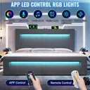 URBAN MEUBLE Lit coffre capitonné en velours 180 x 200 cm, Levage hydraulique, Éclairage LED, Ports USB et USB-C, Tête de lit incurvée, Gris, Format très grand lit image 7