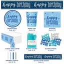 Blue Birthday Party Tableware & Decoration Bundle - 9 Pc - Tablecover, Paper Plates, Paper Cups, Cutlery, Napkins, Banner, Balloons, Candles, Confetti image 0