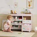 AIYAPLAY Kids Toy Storage Unit, Children Toy Box Organiser with 11 Fabric Bins, Cabinet, Top Shelves, 3 Stickers, Kids Storage Unit Bookshelf for Nursery, Playroom, Kindergarten, Pink image 5