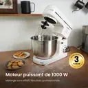 Monsga SM100 Robot Pâtissier 1000W, Blanc Crème, Bol en Acier Inoxydable 6,0L, Silencieux, avec Fouet, Crochet à Pétrir en Téflon Super Antiadhésif (Résistant à 260°C), Batteur & Couvercle Anti-éclaboussures, 8 Vitesses image 1