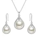 Ever Faith Cubic Zirconia and Freshwater Pearl Teardrop Pendant Necklace and Dangle Hook Earrings Set image 1